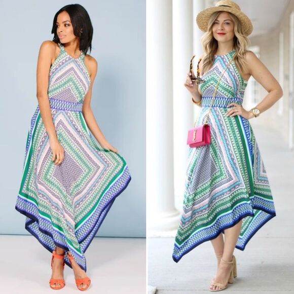 Eliza J Dresses & Skirts - Eliza J Halter Handkerchief Hem Scarf Print Dress Green 8